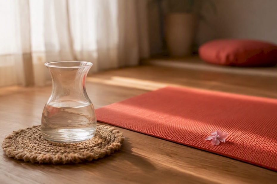 Ein ruhiger Meditationsbereich mit Yogamatte und einem Glas Wasser lädt zum Entspannen ein.