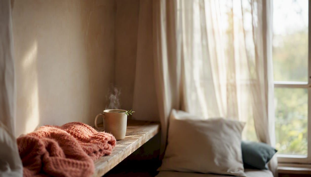 Ein gemütliches Plätzchen mit einer Tasse Tee und einer warmen Decke – perfekt zum Entspannen.