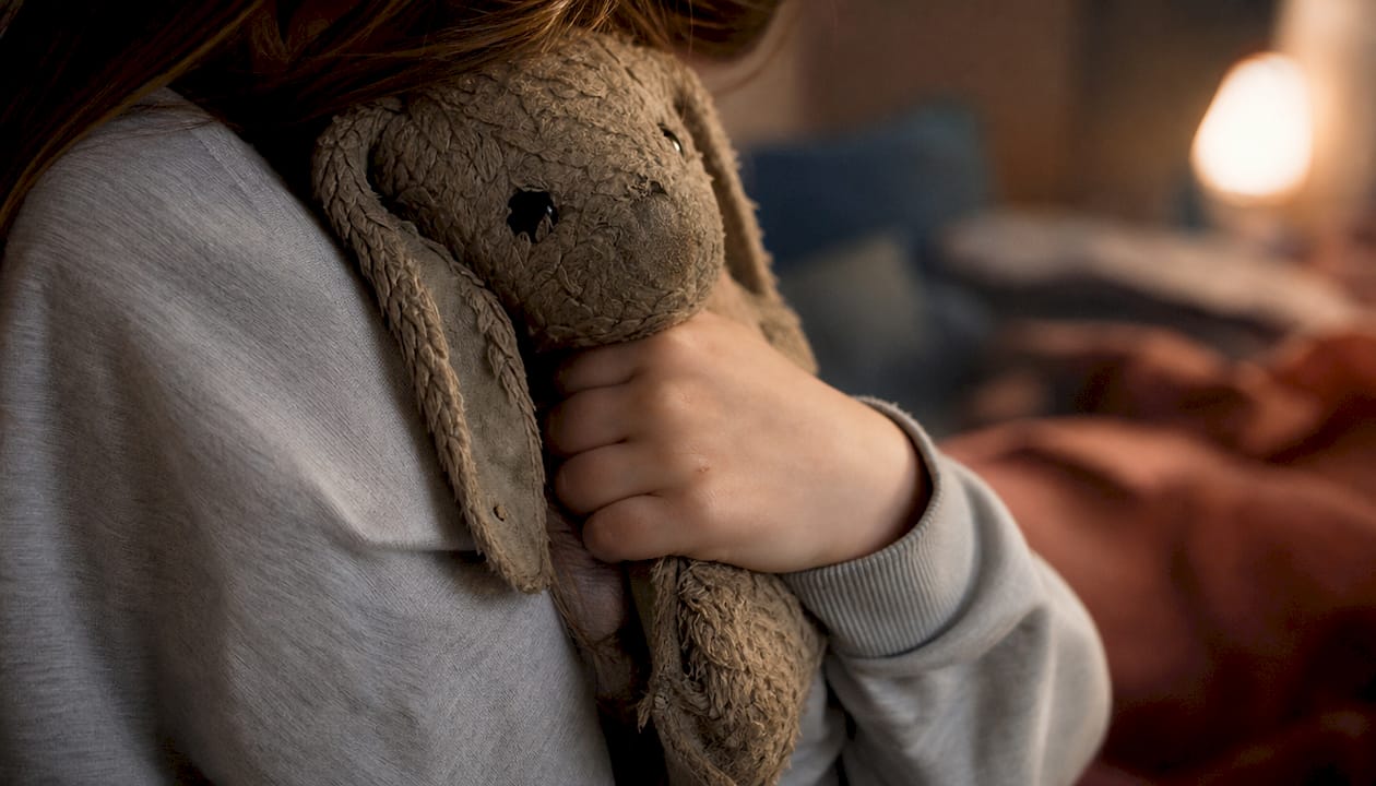 Eine kleine Kinderhand hält das Stofftier fest umklammert.
