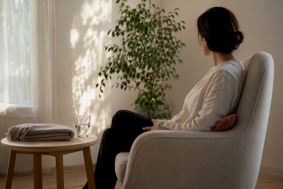 Gemütliche Ecke im Therapieraum mit bequemen Sessel und einer Tasse Tee – ein Ort zum Ankommen und Wohlfühlen.