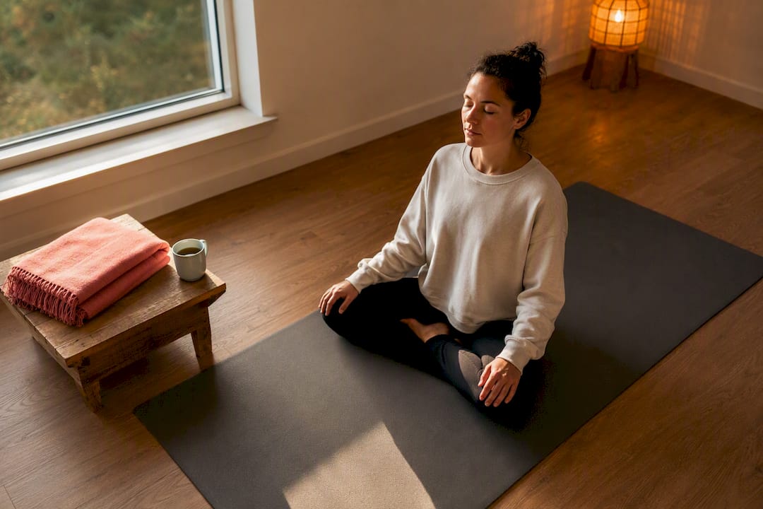Ruhige Meditations-Ecke mit Erdungsgegenständen