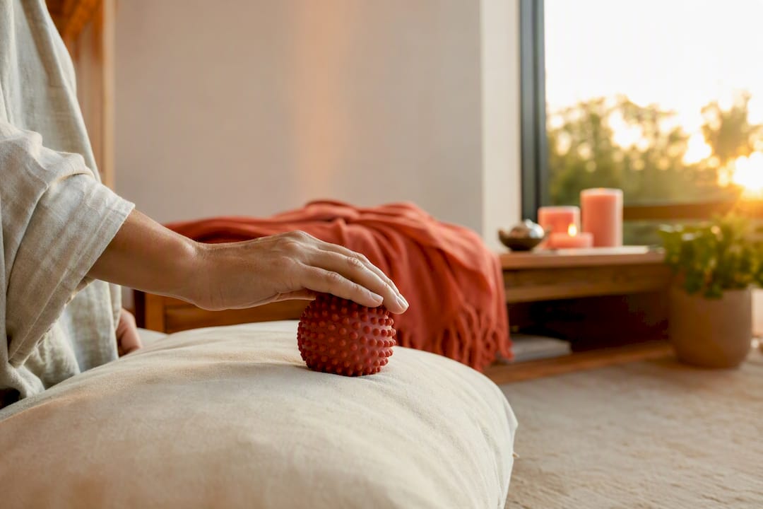 Hand, die einen Massageball im Therapieraum drückt