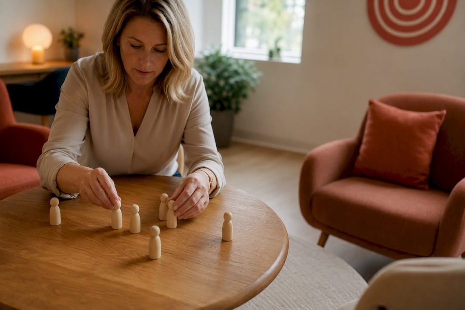 Hände, die Coaching-Figuren auf einem Holztisch platzieren