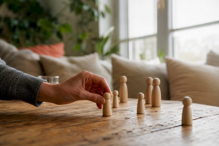 Hand platziert Figuren bei einer Familienaufstellung