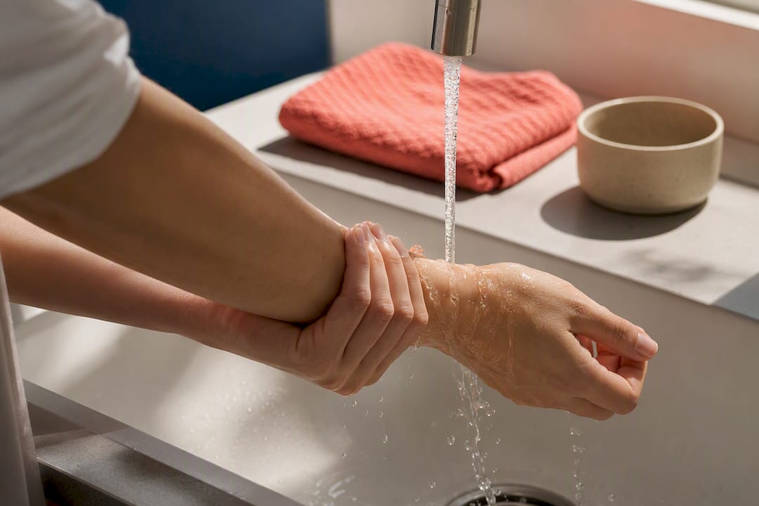 Das Handgelenk wird für die Groundingübung unter kaltes Wasser gehalten