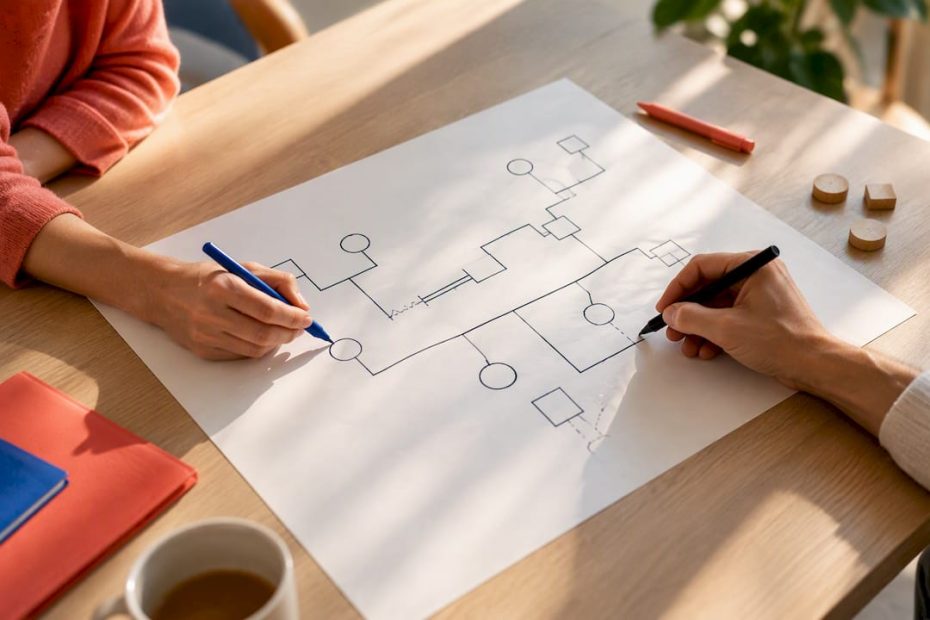 Hände zeichnen ein Genogramm im Coaching