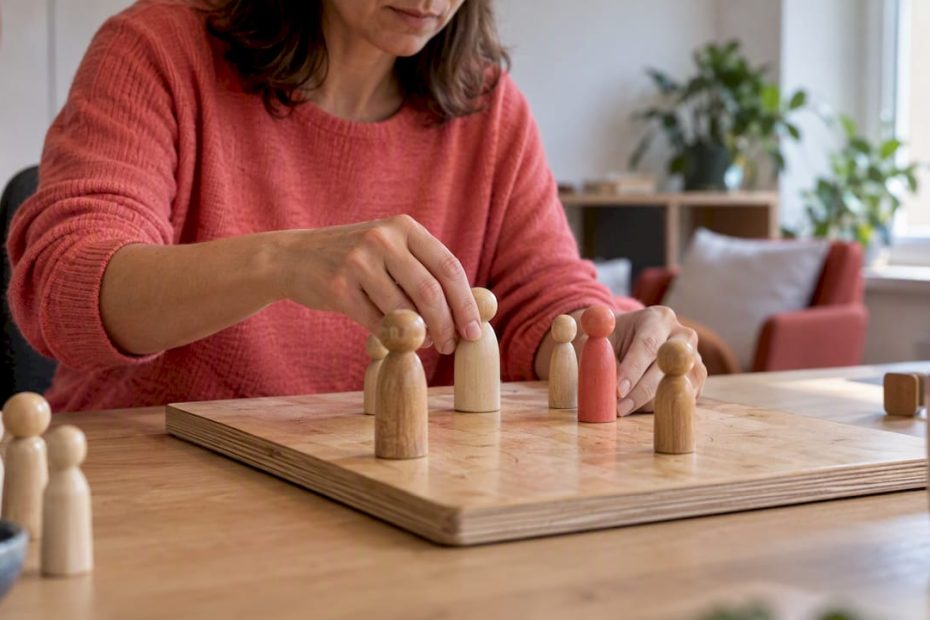 Hände setzen Spielfiguren auf einem Systembrett ab