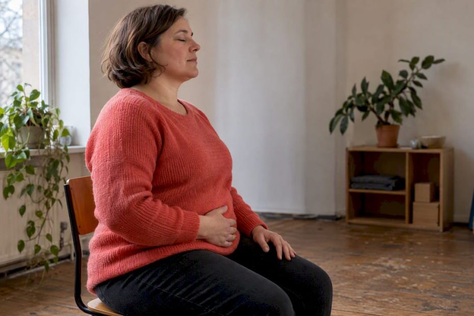 Person macht sanfte Bauchatmung im Sitzen