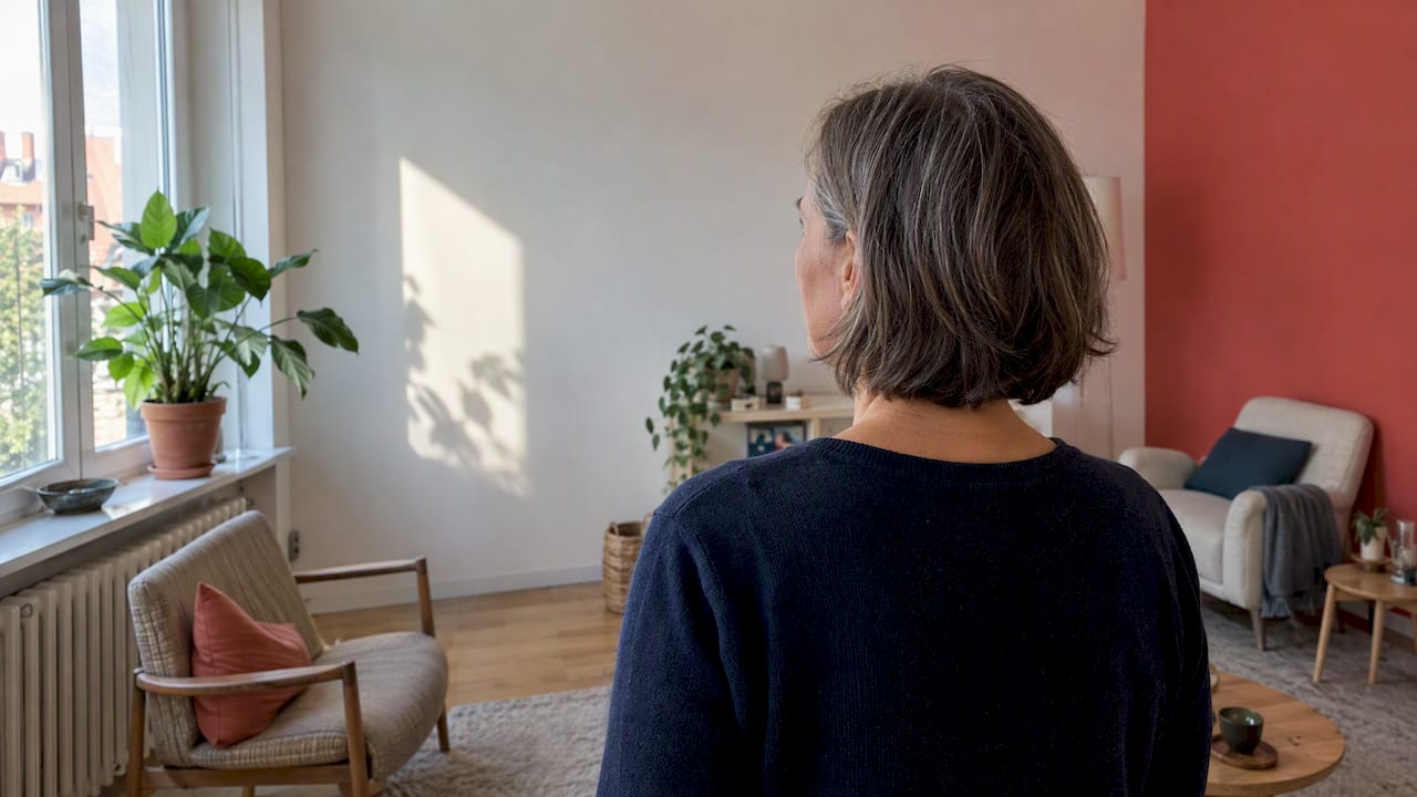 Frau richtet ihren Blick zur Orientierung im Raum